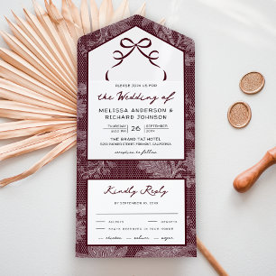 Invitation Tout En Un Bourgogne Mariage Nœud Coquette Dentelle Blanche