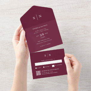 Invitation Tout En Un Bourgogne Minimaliste et Chic Code QR Mariage