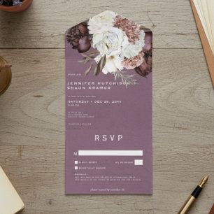 Invitation Tout En Un Bourgogne moderne & Blancs Peonés & Roses Pas de d
