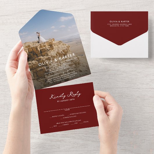 Invitation Tout En Un Bourgogne Moderne Simple Bold Romantique Mariage p