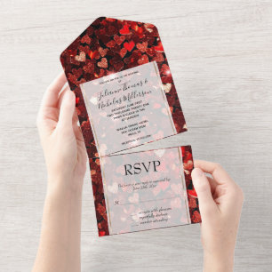 Invitation Tout En Un Bourgogne Red Parties scintillant Hearts Mariage