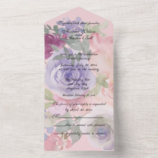 Invitation Tout En Un Bourgogne rose et floral aquarelle bleu (À l'intérieur)