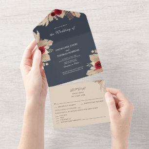Invitation Tout En Un Bourgogne Roses et Pampas Grass tout en un Invitat