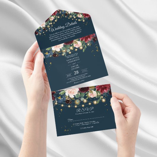 Invitation Tout En Un Bourgogne rustique Bleu marine et fleurs rouges & 