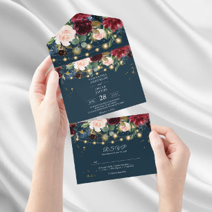 Invitation Tout En Un Bourgogne rustique, fleurs et lumières bleues et r