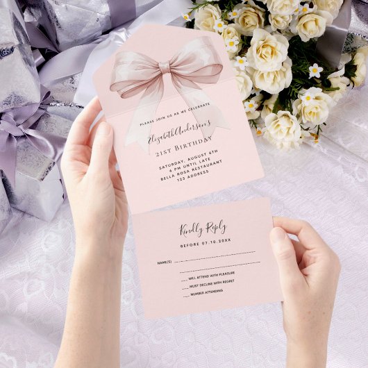 Invitation Tout En Un Bow rose rose rose or rsvp anniversaire