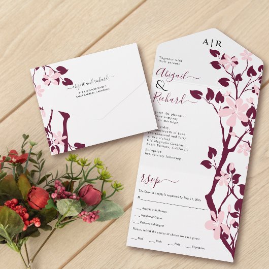 Invitation Tout En Un Branche bourguignonne avec fleurs roses rousses ma