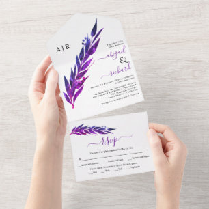 Invitation Tout En Un Branche Eucalyptus couleur violet mariage d'hiver