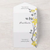 Invitation Tout En Un Branche grise avec fleurs jaunes initiales mariage (Dehors)