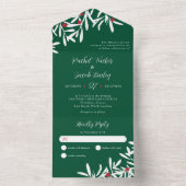 Invitation Tout En Un Branches blanches et baies Mariage de Noël Vert (À l'intérieur)