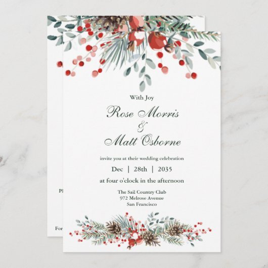 Invitation Tout en un, branches de pin et baies rouges.Noël (Devant / Derrière)