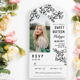 Invitation Tout En Un Branches en floraison noire Sweet sixteen photo