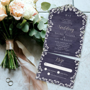 Invitation Tout En Un Bras Rustique Floral Baby's Breath Navy Mariage en