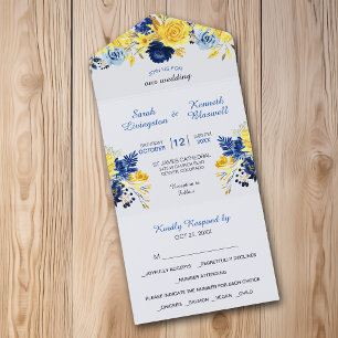 Invitation Tout En Un Bright Gold Navy Blue Floral Bouquet Mariage
