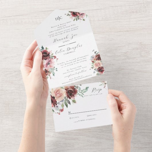 Invitation Tout En Un Broussailleux classique de Bourgogne Rose & Peony  (Déchirure)