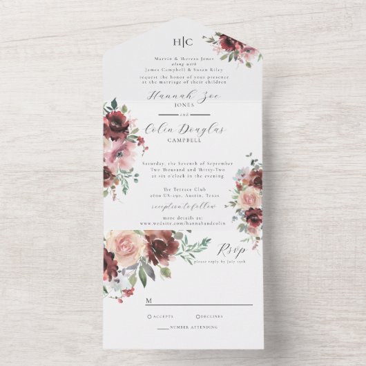 Invitation Tout En Un Broussailleux classique de Bourgogne Rose & Peony  (À l'intérieur)