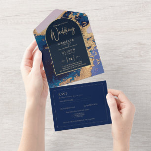 Invitation Tout En Un Budget Agate Blue Gold Wedding Inviter QR Code RSV