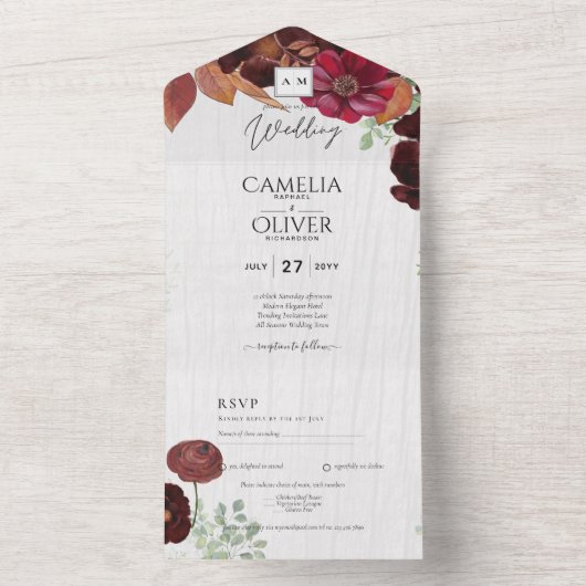 Invitation Tout En Un BUDGET All-in1 Rustique Automne Maroon Bourgogne M (À l'intérieur)