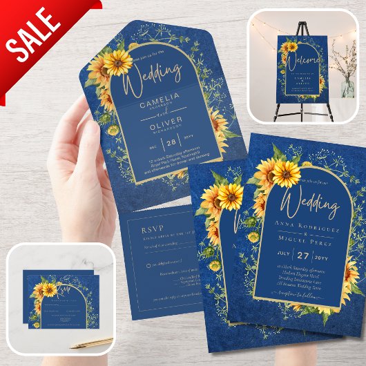 Invitation Tout En Un BUDGET All-in-1 Rustique tournesols BLEU Mariage