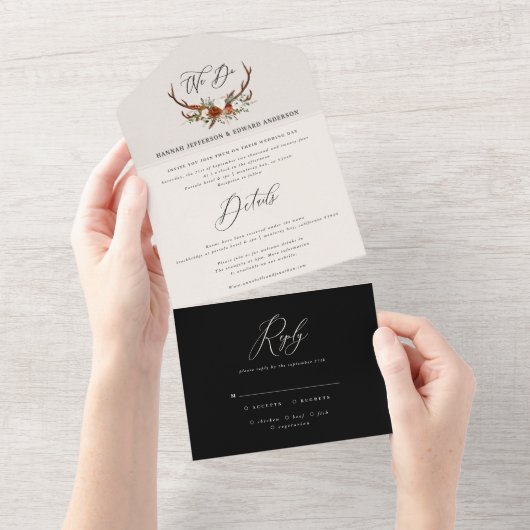 Invitation Tout En Un Budget cerf noir blanc floral rustique élégant (Déchirure)