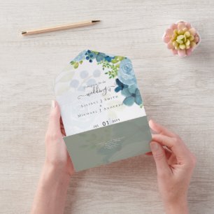 Invitation Tout En Un Budget Dusty Blue Floral Mariage