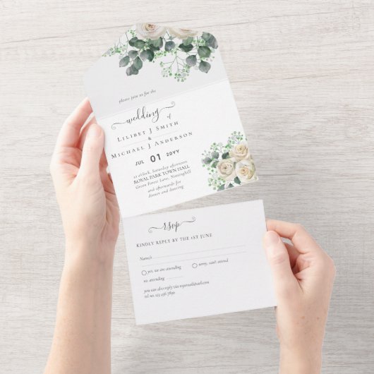 Invitation Tout En Un Budget Mariage Feuille de White Roses Sage Eucalyp (Déchirure)