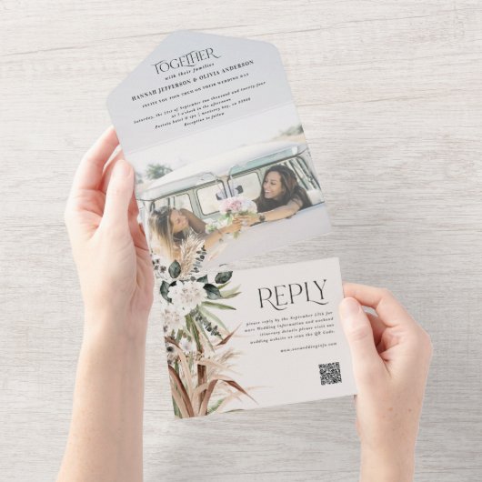Invitation Tout En Un Budget photo pampas eucalyptus mariage code QR (Déchirure)