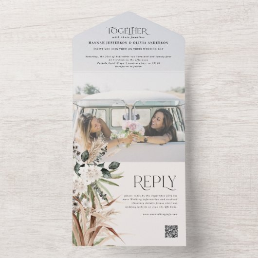 Invitation Tout En Un Budget photo pampas eucalyptus mariage code QR (À l'intérieur)