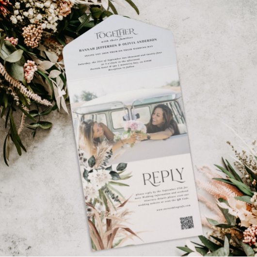 Invitation Tout En Un Budget photo pampas eucalyptus mariage code QR
