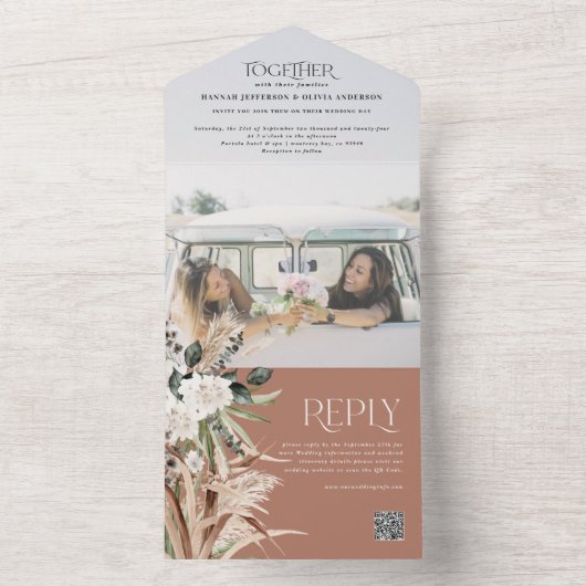 Invitation Tout En Un Budget photo pampas eucalyptus mariage code QR Tou (À l'intérieur)