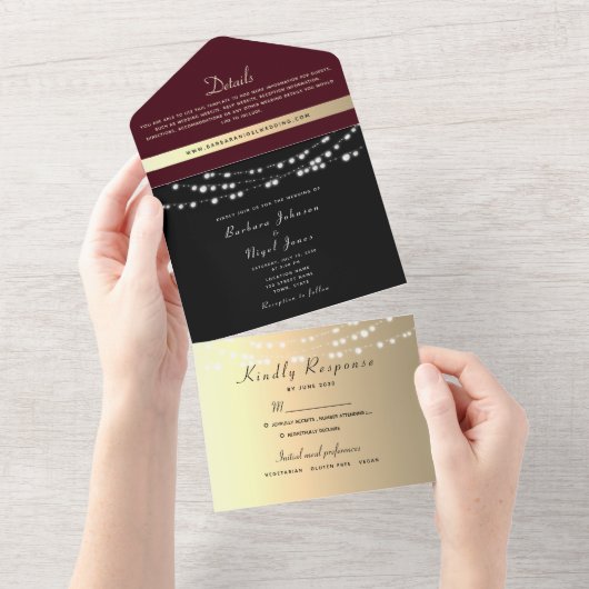 Invitation Tout En Un Burgundy Black Gold String Mariage (Déchirure)