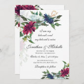 Invitation Tout en un Burgundy Bleu Floral Mariage chrétien (Devant / Derrière)