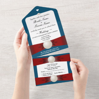 Invitation Tout En Un Burgundy & Blue Pearl Ribbon Mariage & RSVP Tout
