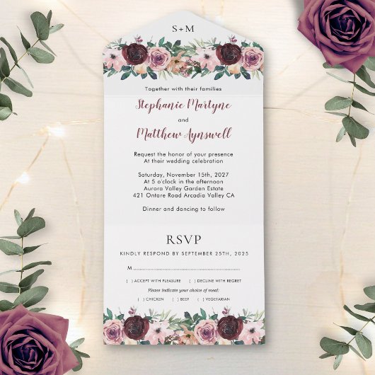 Invitation Tout En Un Burgundy Blush Aquarelle Mariage Floral