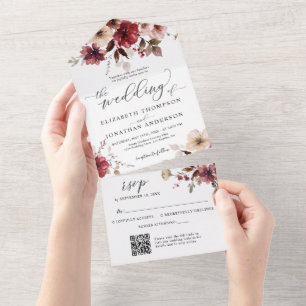 Invitation Tout En Un Burgundy Blush Détails du Mariage de automne QR Co