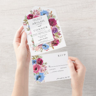 Invitation Tout En Un Burgundy Blush Dusty Bleu Élégant Floral Tout En