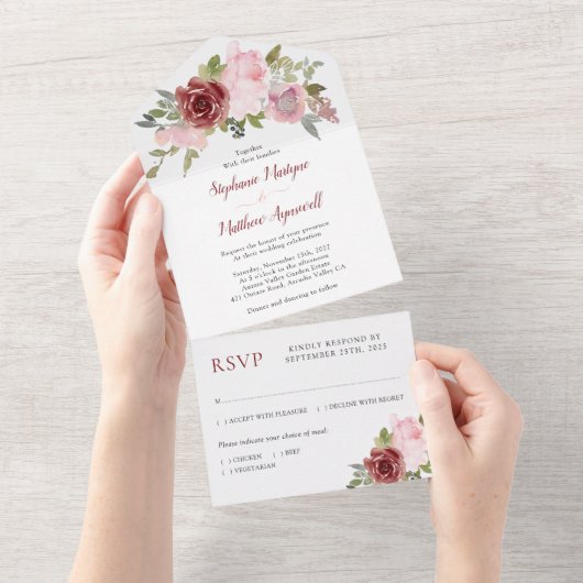 Invitation Tout En Un Burgundy Blush Dusty Rose FlorMariage (Déchirure)