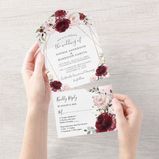 Invitation Tout En Un Burgundy Blush Floral Et Mariage Géométrique Or (Déchirure)