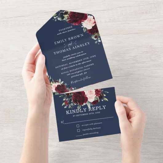 Invitation Tout En Un Burgundy Blush Navy Blue Floral Greenery Mariage A (Déchirure)