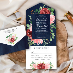 Invitation Tout En Un Burgundy et Blush rose Floral Navy Mariage bleu