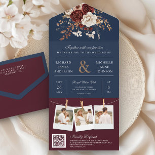 Invitation Tout En Un Burgundy Floral Automne Mariage Code QR Navy