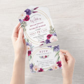 Invitation Tout En Un Burgundy Navy Blue Floral Gold Mariage géométrique (Déchirure)