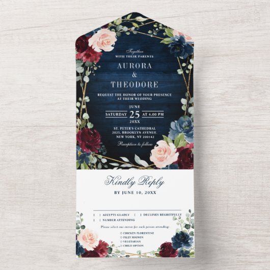 Invitation Tout En Un Burgundy Navy Blush Floral Gold Mariage géométriqu (À l'intérieur)