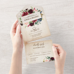 Invitation Tout En Un Burgundy Navy Floral Rustic Country Boho Mariage