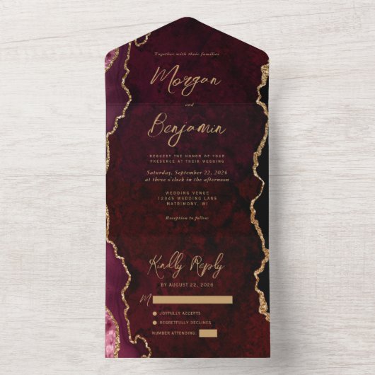 Invitation Tout En Un Burgundy Red Agate Gold Script Mariage (À l'intérieur)
