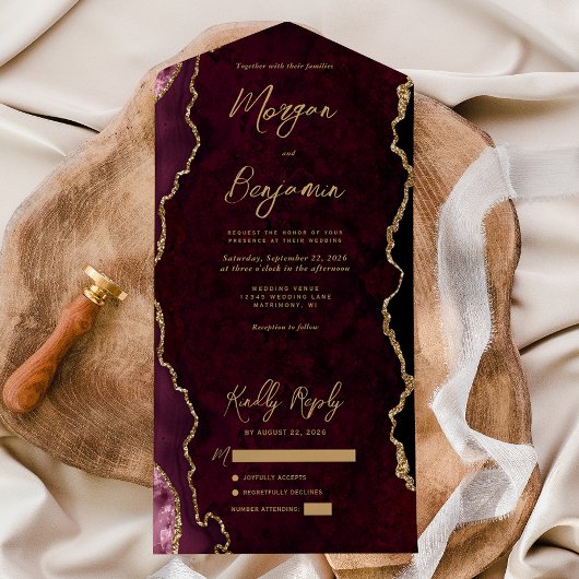 Invitation Tout En Un Burgundy Red Agate Gold Script Mariage
