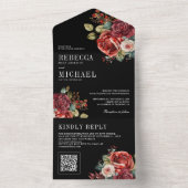 Invitation Tout En Un Burgundy Red Roses Floral QR Code noir Mariage (À l'intérieur)