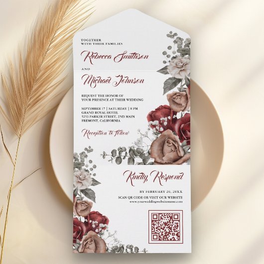 Invitation Tout En Un Burgundy Red Roses Floral QR Code Wedding