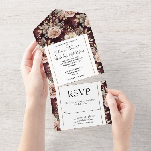Invitation Tout En Un Burgundy Rouge Blush Floral Mariage (Déchirure)