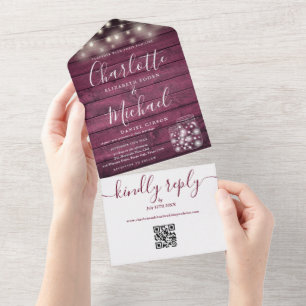 Invitation Tout En Un Burgundy Rustic QR Code Mason Jars Lights Wedding